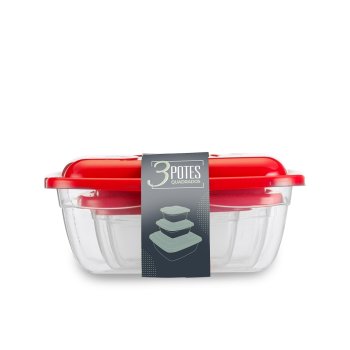 CONJUNTO 3 POTES QUADRADO 240/500/1500 ML TRANSPARENTE COM TAMPA COLORIDA