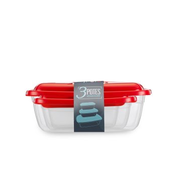 CONJUNTO 3 POTES RETANGULAR 240/500/1500 ML TRANSPARENTE C/TAMPA COLORIDA