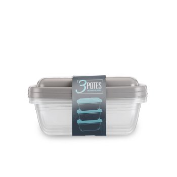 CONJUNTO 3 POTES RETANGULAR 500 ML TRANSPARENTE COM TAMPA COLORIDA